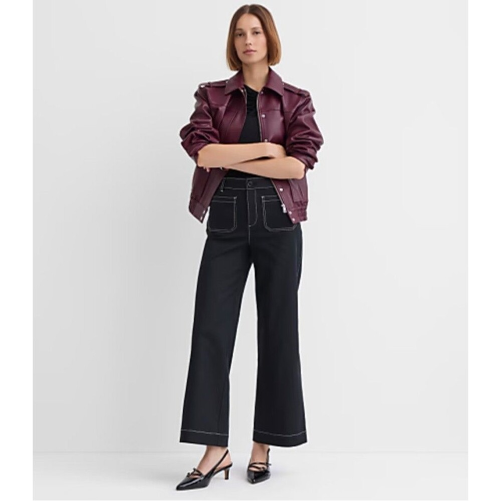 LOFT Palmer Wide Leg Pique Pants Womens 4 Black Contrast Stitch High Rise Ankle